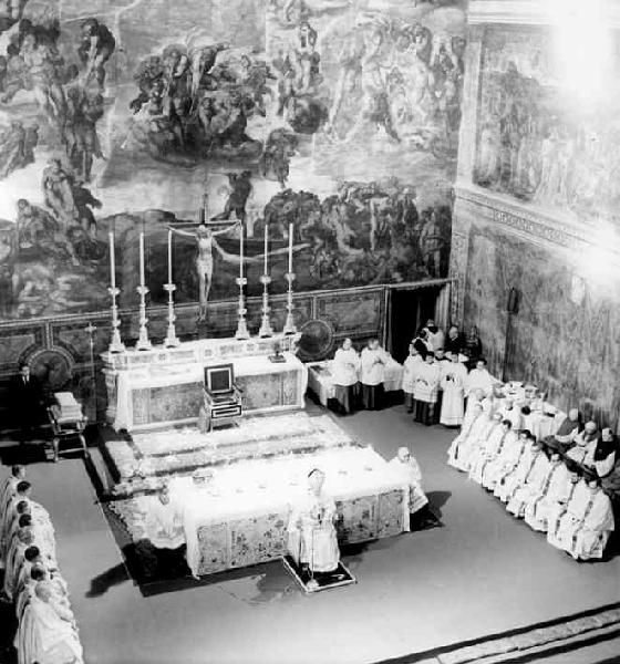 Vernon Robertson sent Merton this photograph of his ordination to the priesthood at the Sistine Chapel at the Vatican in the presence of Pope Paul VI.  Robertson was 44 years old in 1967.  He graduated from the Pontifico Collegio Beda and was the only one from the United States at this ordination.